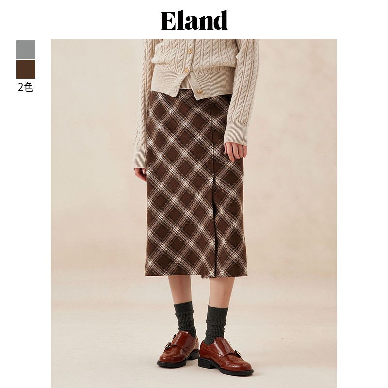 【含绵羊毛】Eland衣恋直筒裙女H型格纹下摆开衩半身裙款