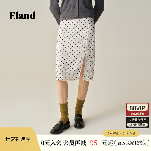 ELAND直筒裙开衩中长裙波点