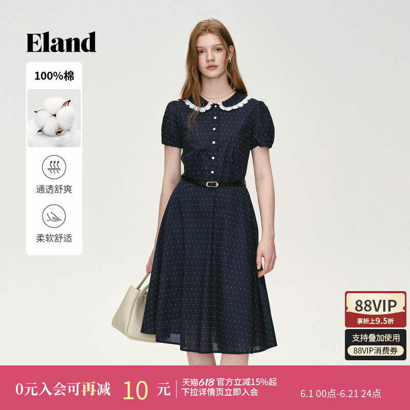 ELAND休闲短袖收腰波点连衣裙
