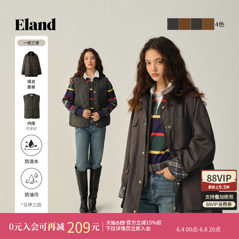 【特氟龙三防】【一衣三穿】Eland衣恋棉服女巴恩风廓形冬新