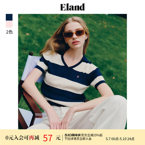 ELAND甜美风条纹针织衫短袖