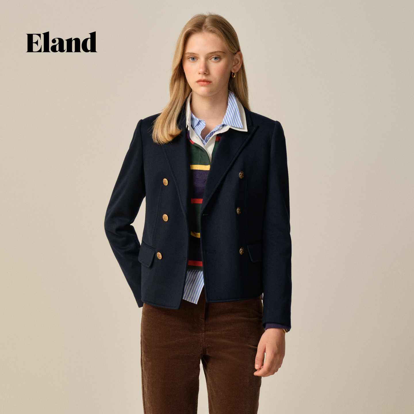 Eland衣恋西装女时尚双排扣休闲通勤外套2025冬季新款