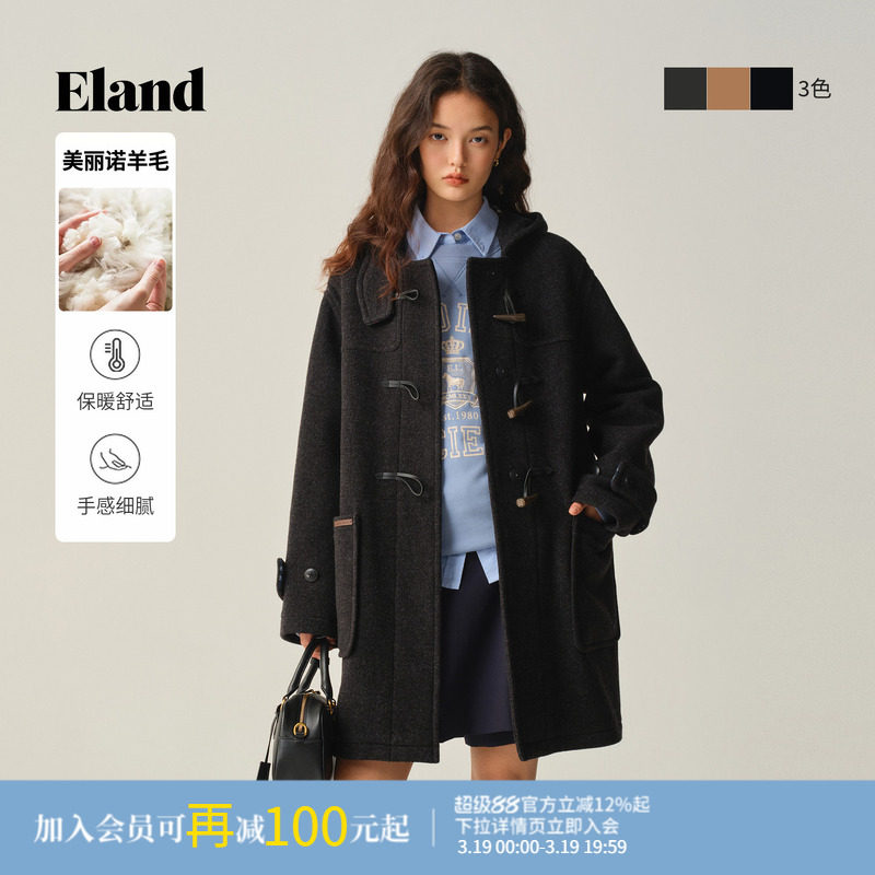 【美丽诺羊毛】Eland衣恋毛呢外套女牛角扣廓形大衣2025冬季新款