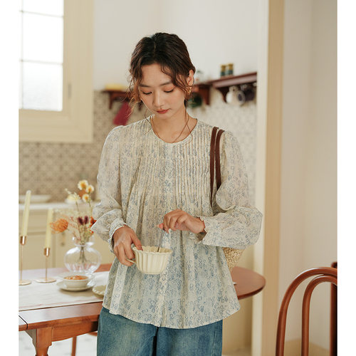 诺比昂宽松甜美纽扣长袖棉衬衫