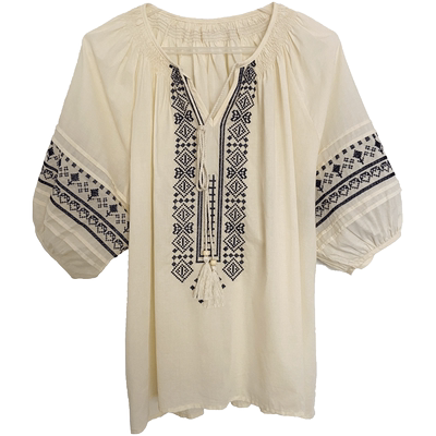 诺比昂宽松波西米亚系带短袖棉