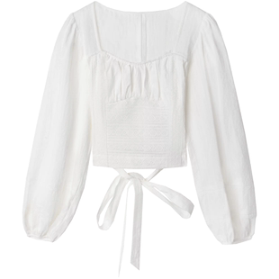 诺比昂2026春装方领泡泡袖上衣女设计感别致白色气质小衫短款衬衫