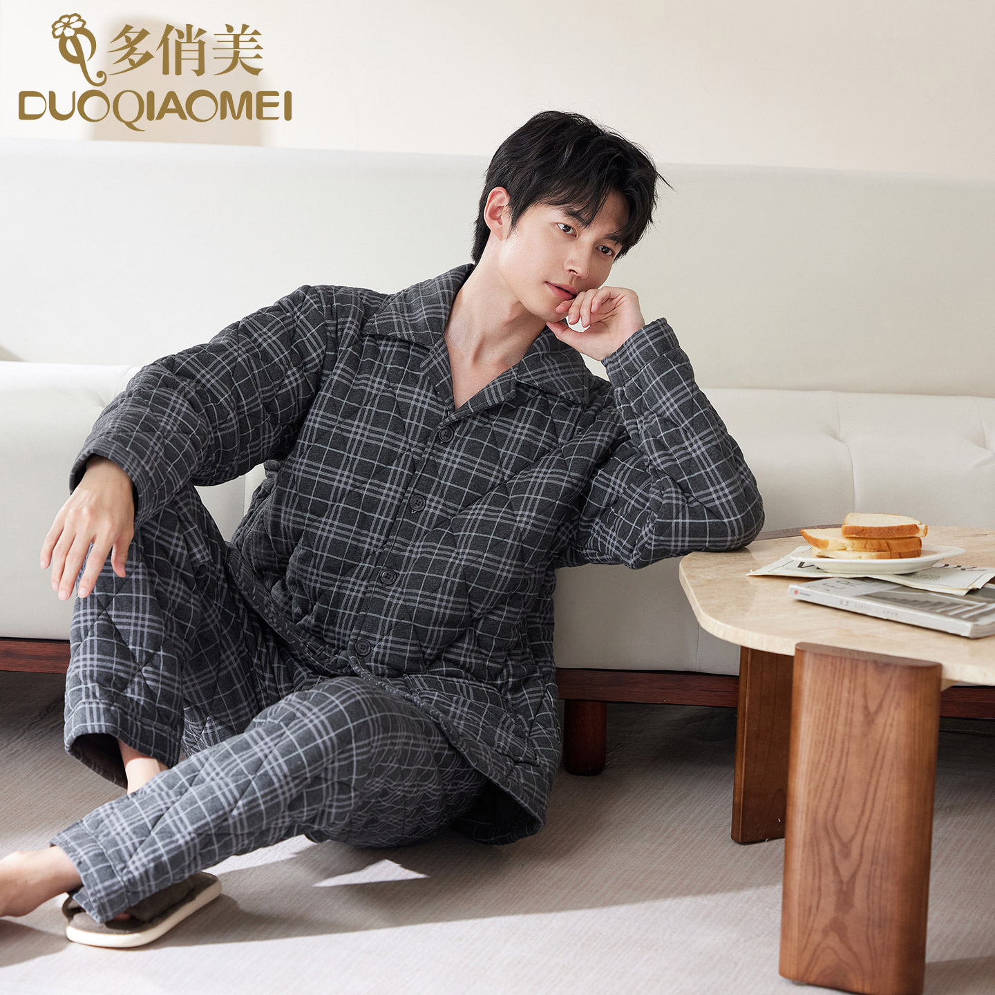 冬夹棉男装睡衣纯棉加厚棉服套装