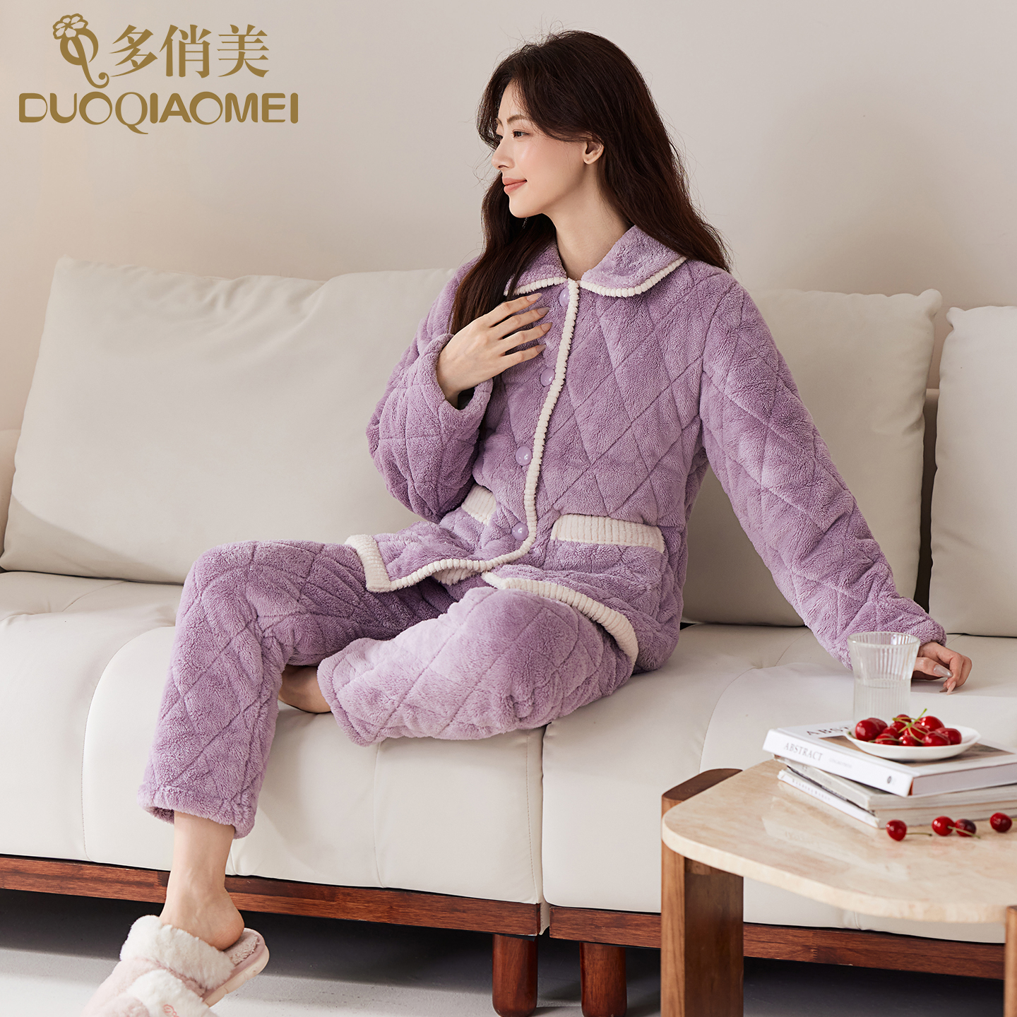 新款夹棉睡衣女三层加厚抗寒保暖