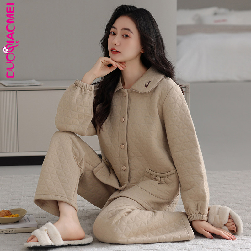 品牌睡衣女款冬季加厚纯棉长袖空气棉夹层可外穿家居服春秋款套装