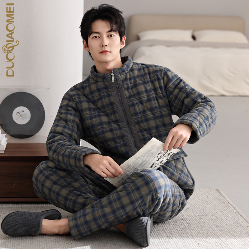 睡衣男士冬季三层加厚加绒纯棉