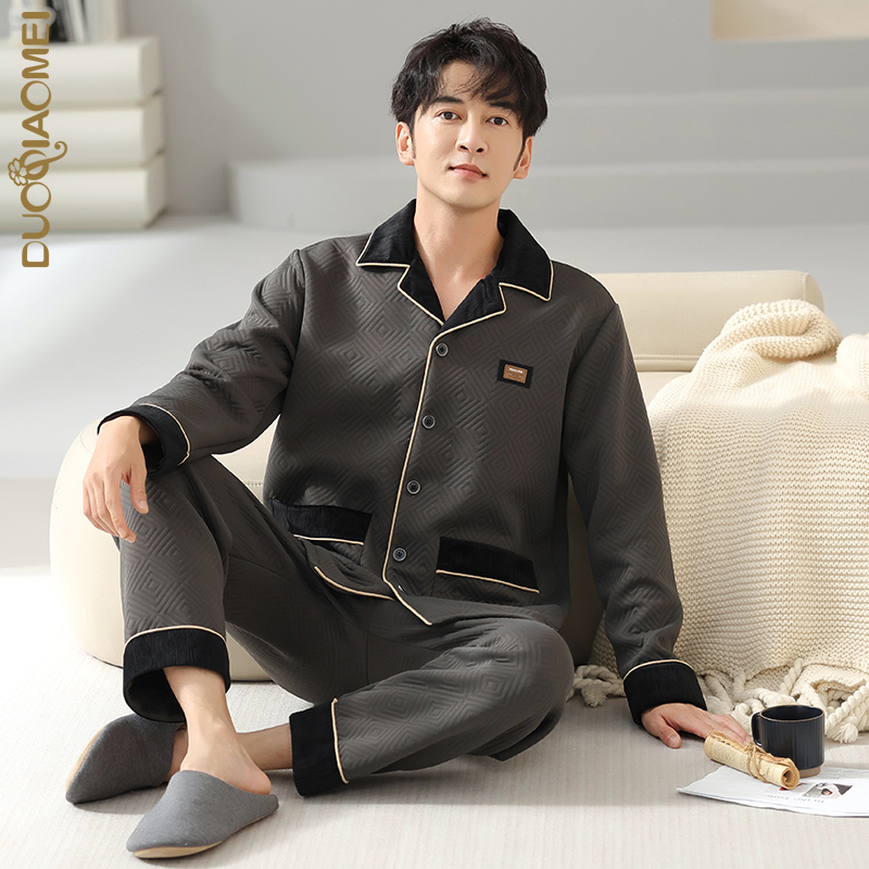 睡衣男士春秋款加厚纯棉夹层