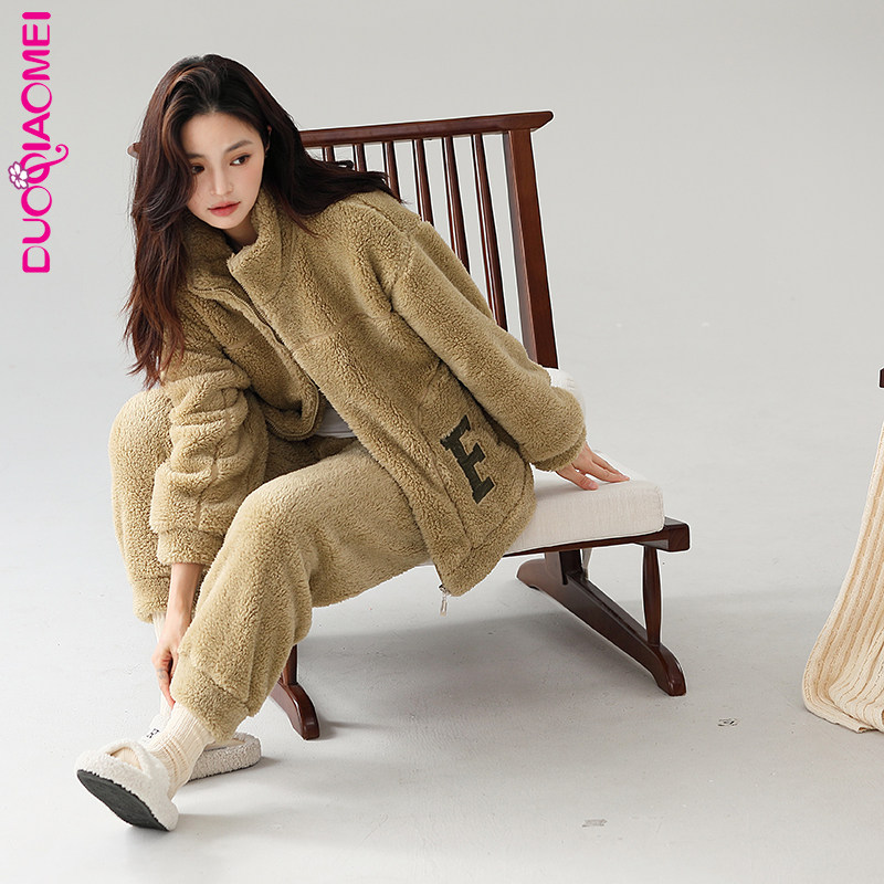 秋冬款珊瑚绒睡衣女加绒拉链高领可外穿冬季法兰绒女士家居服套装