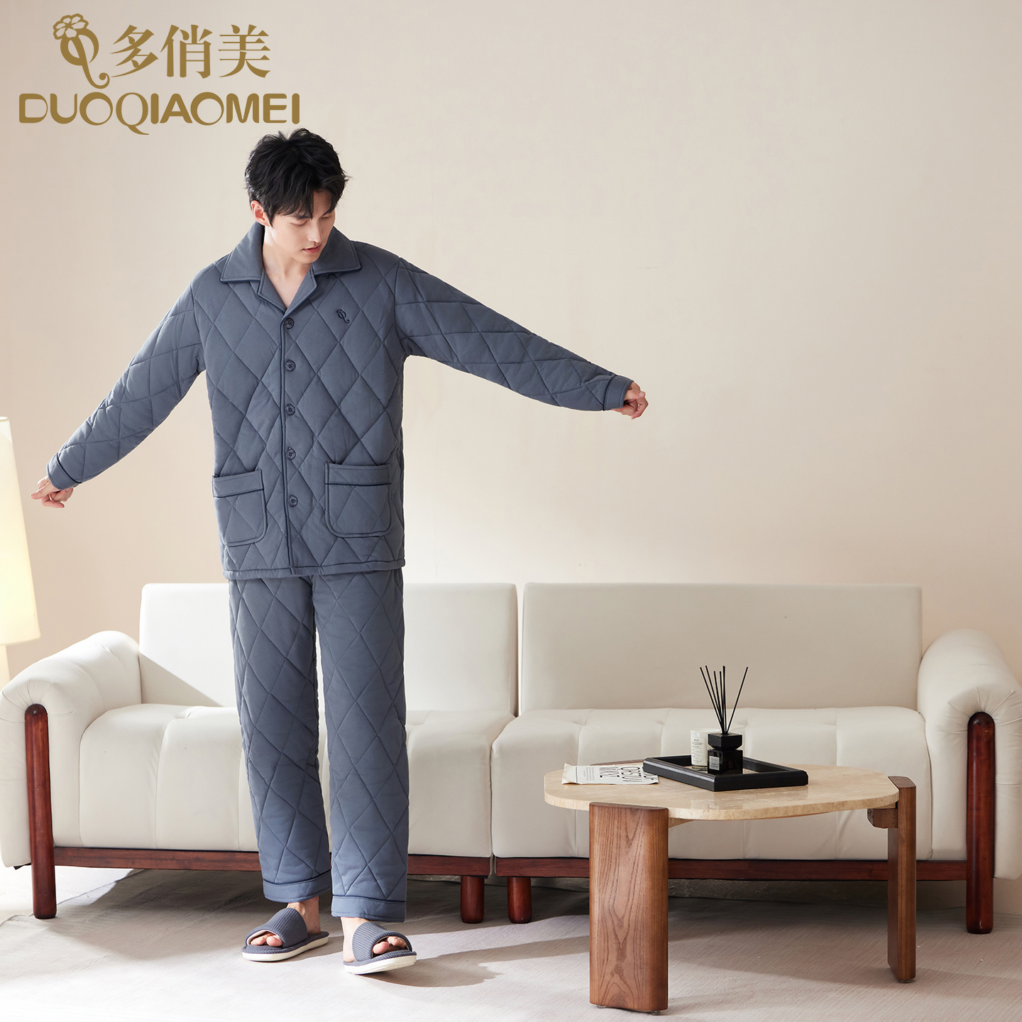 时尚男装冬款加厚夹棉睡衣冬季冬