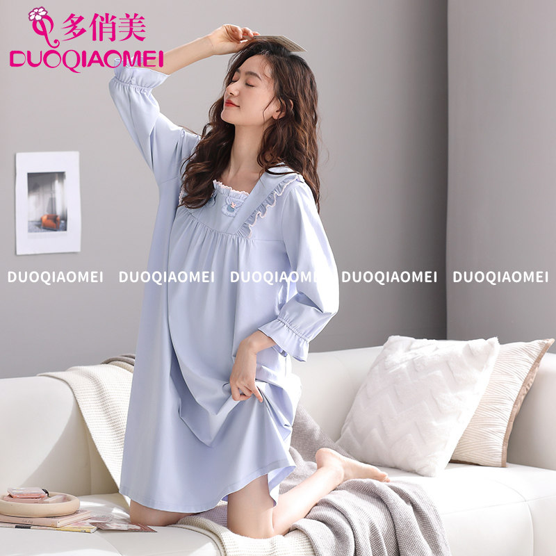 睡裙女春夏款纯棉半袖夏季薄款方领睡衣裙子孕妇春夏居家裙连衣裙