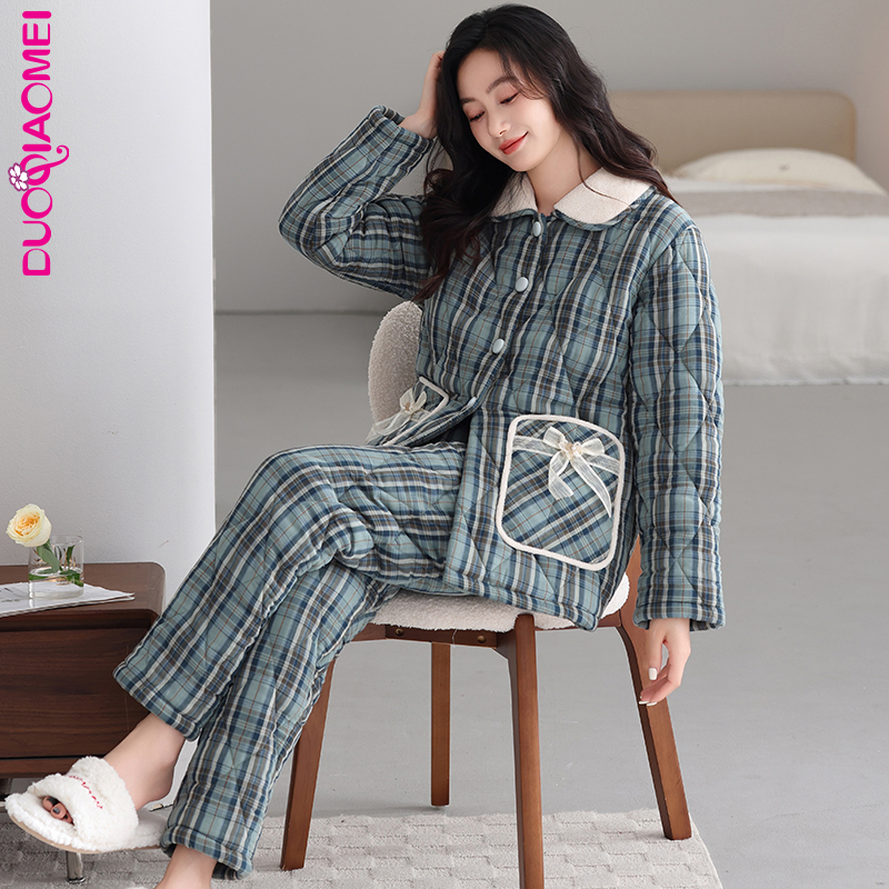 睡衣女冬季纯棉三层梭织夹棉冬款