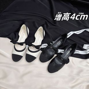 增高4CM蝴蝶結拼色中空單鞋 新款 小香風圓頭一字帶涼鞋 女2025夏季