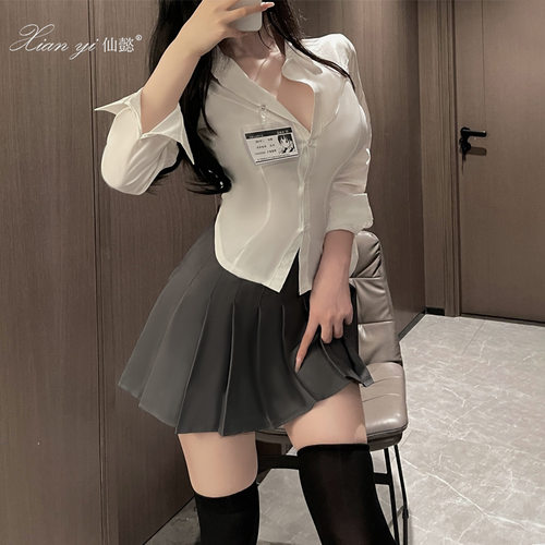 仙懿日系学院风百褶裙学生套装JK制服纯欲辣妹收腰短袖衬衫女511