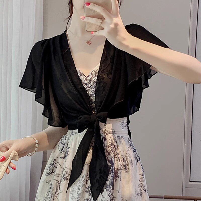 防晒衣女开衫小披肩外搭新款夏短款雪纺薄款泡泡袖防晒服短衬衫女图片