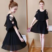 女装 胖mm连衣裙2025新款 遮肚雪纺连衣裙露肩短裙宽松大码 打底裙子