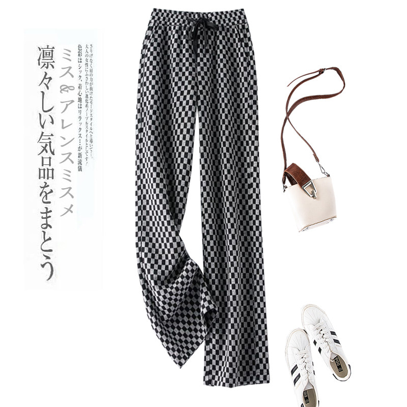 高腰宽松休闲格子裤加长版