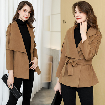 驼色高端系带双面羊绒大衣