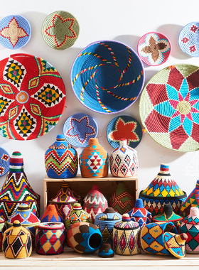 African Baskets 北非全手工摩洛哥编织篮编织盘收纳壁饰家居摆件