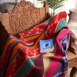安第斯山脉彩色手织毛毯智利秘鲁羊驼毛桌布床盖南美洲民族沙发毯
