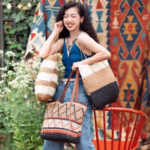 越南手工草编托特包编织包海滩度假夏日斜跨 Tote Woven PentFair