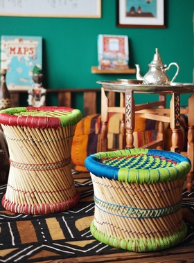 Indian bamboo stools印度手工竹编凳彩色编织板凳