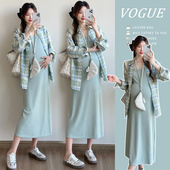 春装 吊带裙孕妇连衣裙套装 长袖 春季 裙子春秋孕妇裙 格子衬衫 孕妇装