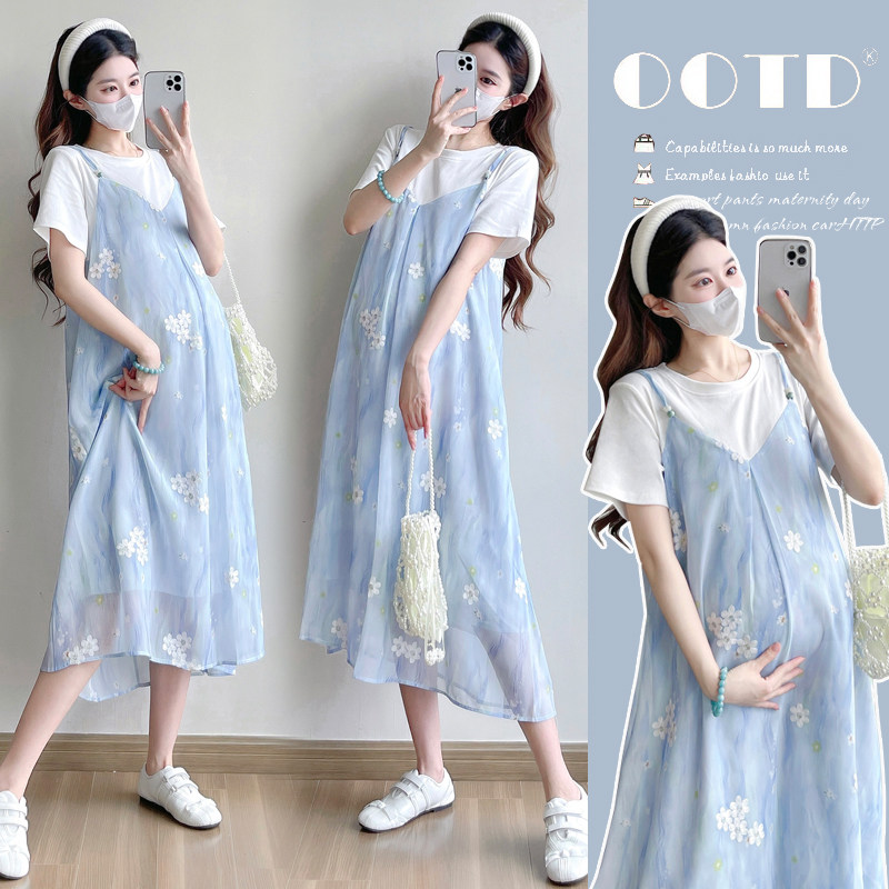孕妇装夏装拼接雪纺刺绣短袖连衣裙时尚假两件休闲裙子夏季孕妇裙