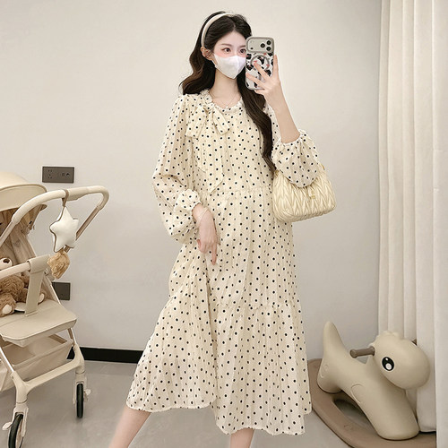 孕妇装春装蝴蝶结系带长袖连衣裙