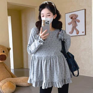 孕妇装春装木耳边长袖碎花上衣宽松大码休闲娃娃衫春季怀孕T恤春