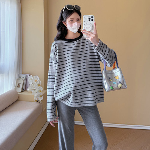孕妇秋装长袖条纹针织衫套头毛衣