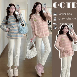 休闲长袖 时尚 条纹上衣2025新款 孕妇T恤秋季 孕妇装 怀孕打底衫 秋装