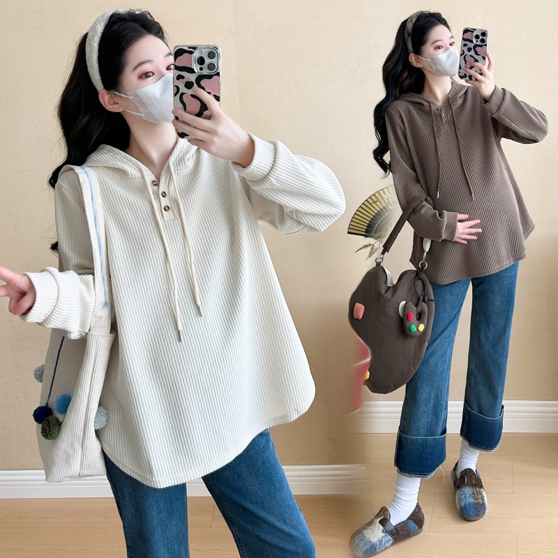 孕妇装秋装时尚简约连帽长袖上衣