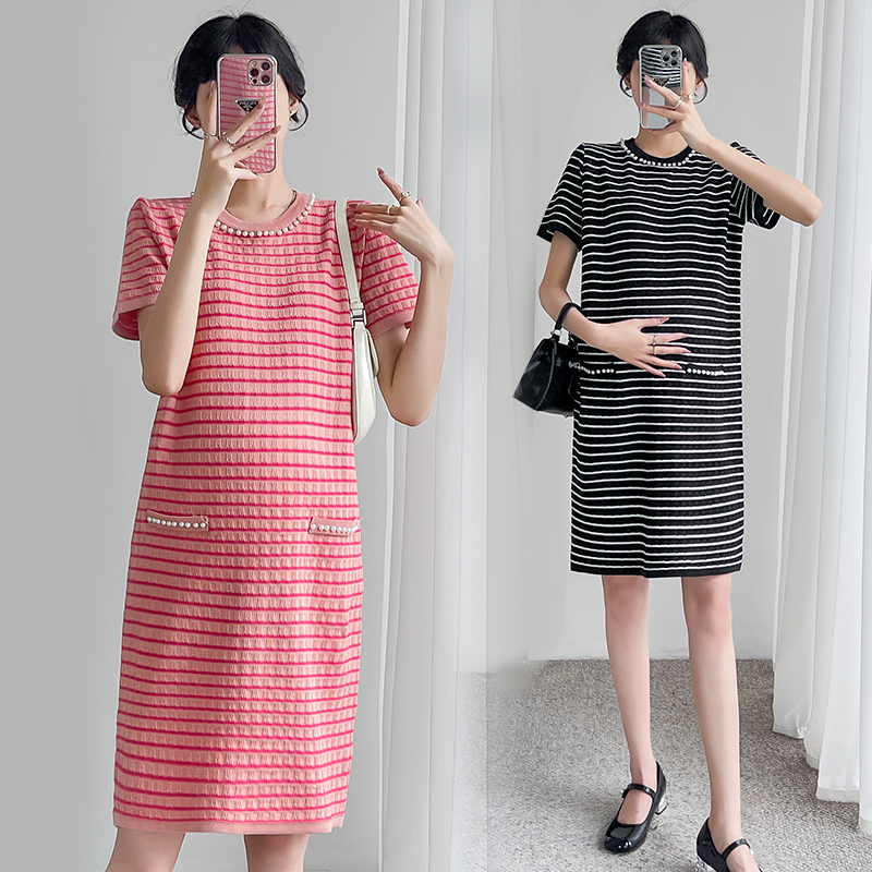 孕妇装夏装时尚韩版短袖条纹哺乳连衣裙2023新款孕妇裙夏季裙子夏