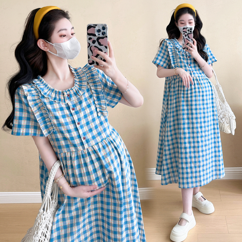 孕妇装夏装刺绣格子短袖连衣裙夏