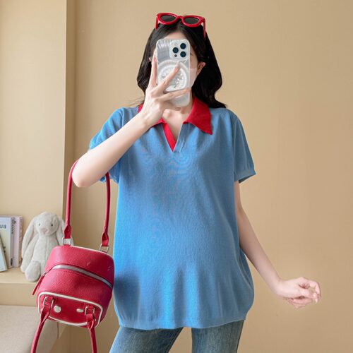 孕妇装夏装撞色翻领短袖针织衫夏