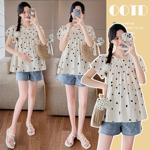 孕妇装夏装时尚印花短袖上衣衬衫