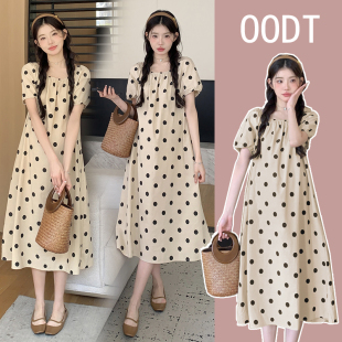 休闲棉麻裙子夏季 孕妇装 方领波点连衣裙宽松大码 短袖 孕妇裙夏 夏装