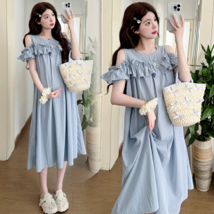 设计感休闲裙子夏季 孕妇装 连衣裙时尚 木耳边露肩短袖 孕妇裙夏 夏装