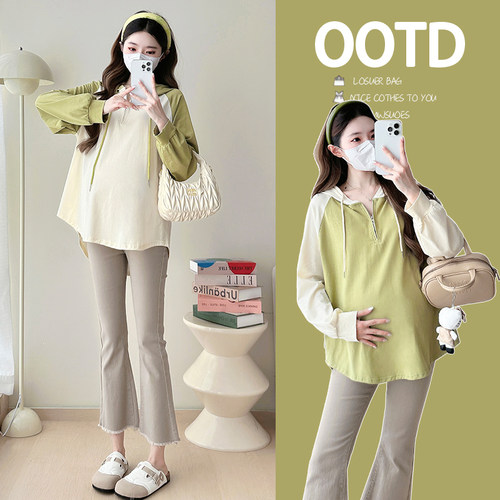 孕妇装秋装时尚拼色连帽长袖上衣