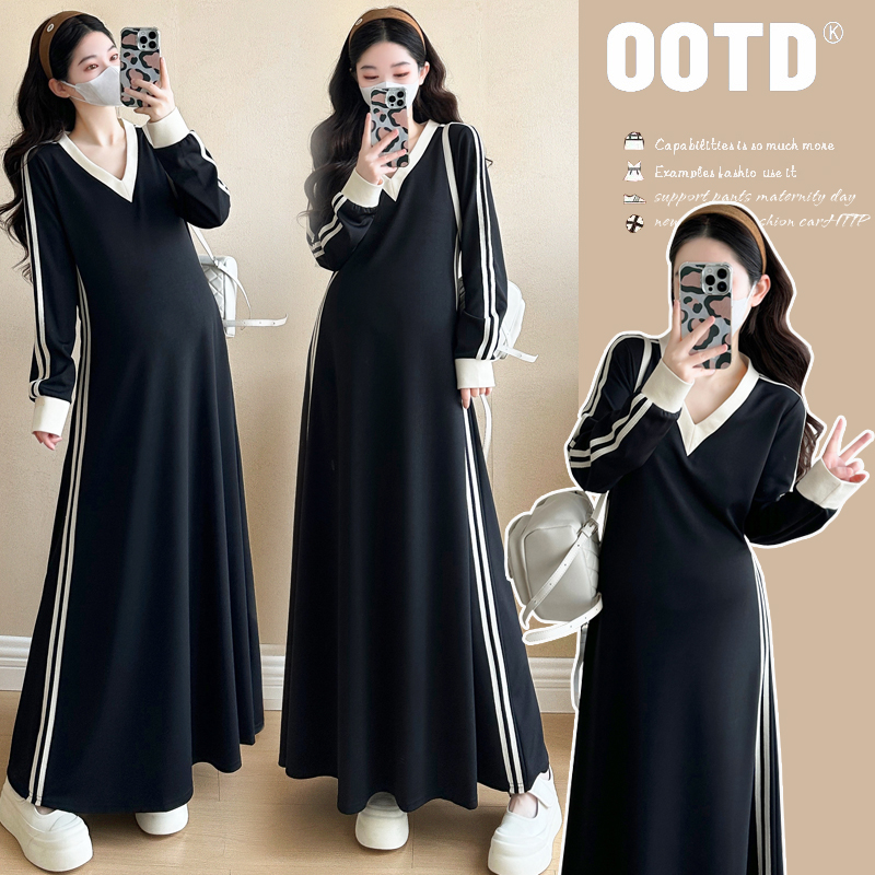 孕妇装秋装拼色长袖V领连衣裙秋