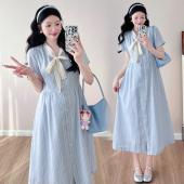 夏装 裙子时尚 蕾丝蝴蝶结短袖 条纹衬衫 休闲孕妇裙 连衣裙夏季 孕妇装