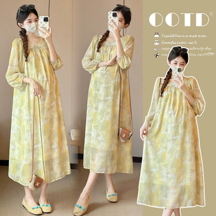 春装 春季 长袖 休闲裙子时尚 孕妇裙春 碎花雪纺连衣裙宽松大码 孕妇装