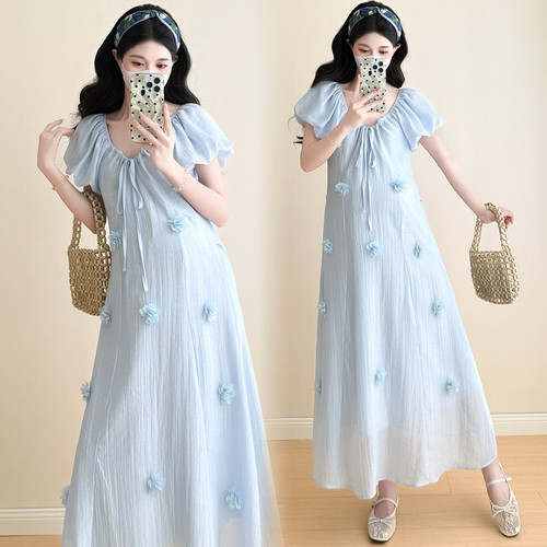 孕妇装夏装立体花朵短袖连衣裙夏