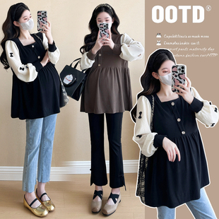 拼色长袖 时尚 方领上衣宽松大码 显瘦娃娃衫 怀孕衣服 孕妇装 秋季 秋装