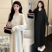 休闲裙子春季 孕妇装 针织连衣裙宽松大码 设计感长袖 长裙孕妇裙 春装