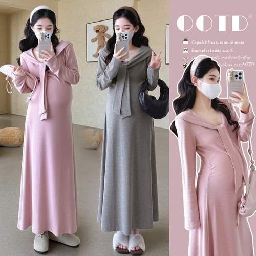 孕妇装春装披肩系带长袖连衣裙春